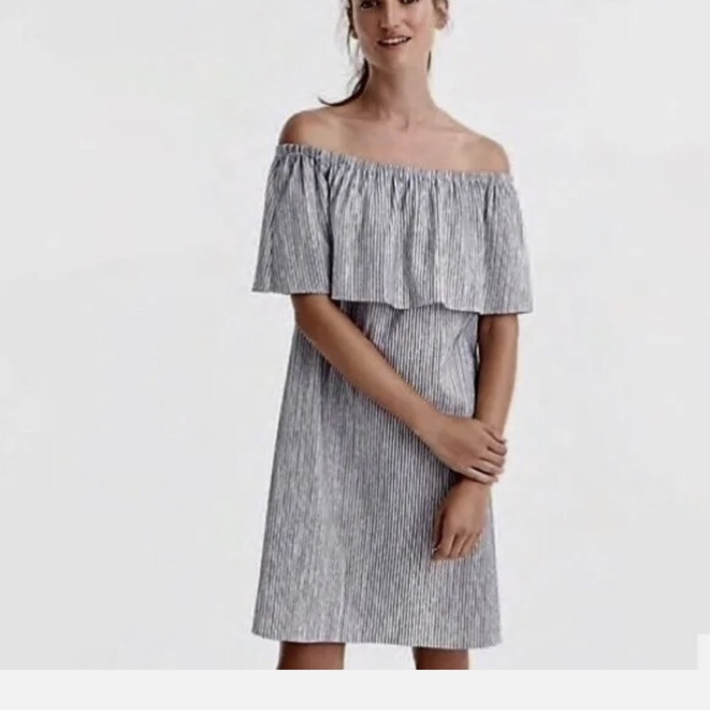 J crew pinstripe blue and white off the shoulder dress